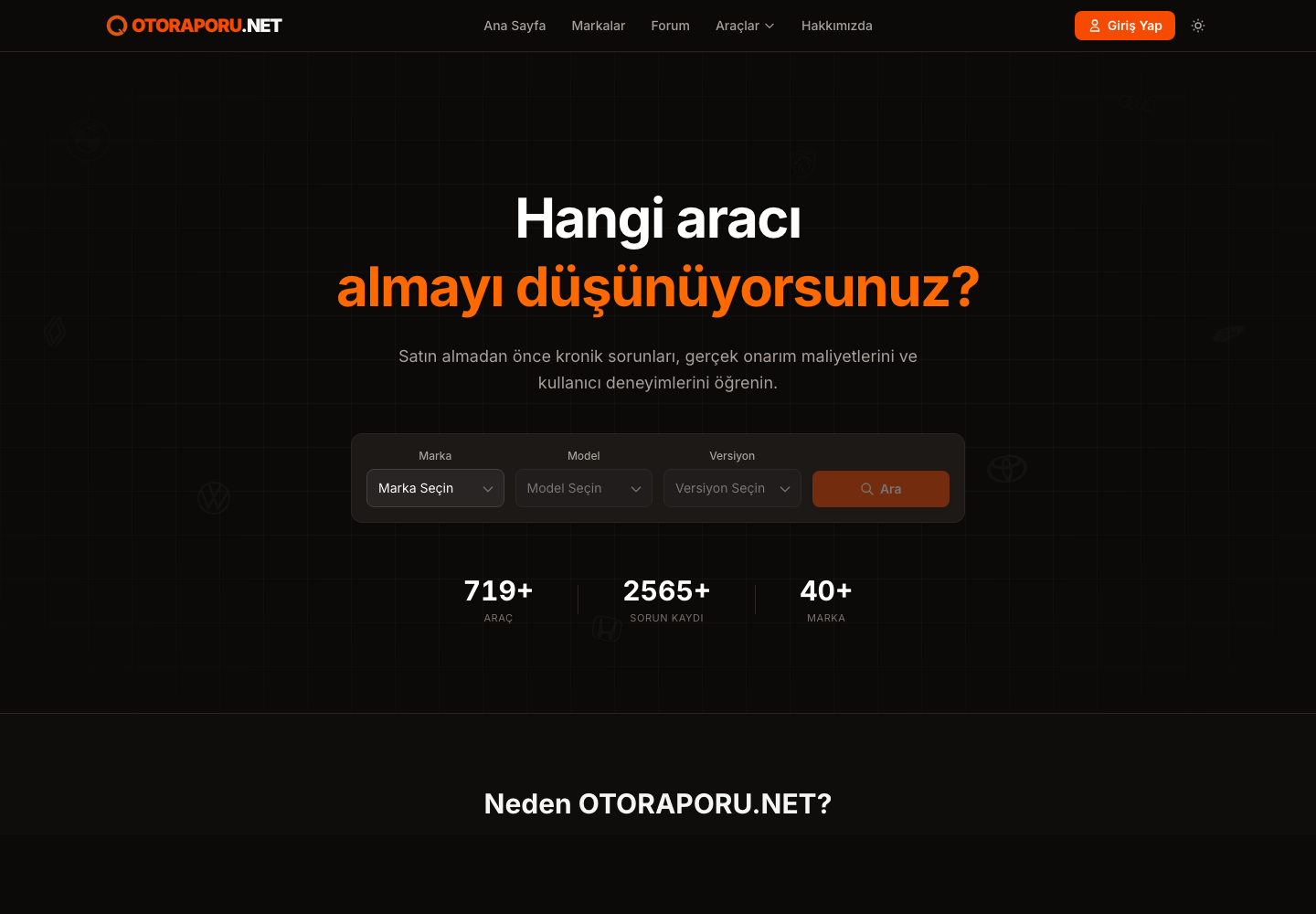 Oto Raporu web sitesi ekran görüntüsü